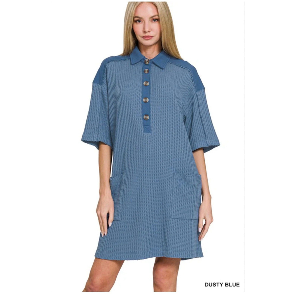 Zenana Waffle Half-Button Dress with Pockets